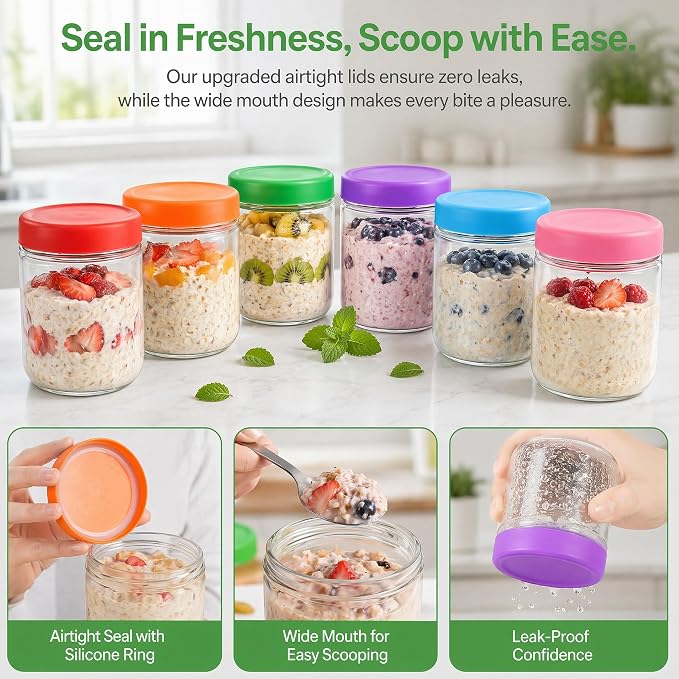 EONJOE 16oz Glass Jars for Overnight Oats Snacks Salad Yogurt Pudding Cereal Candy Storage Containers Meal Prep Mason jar with Airtight lids,6 Pack