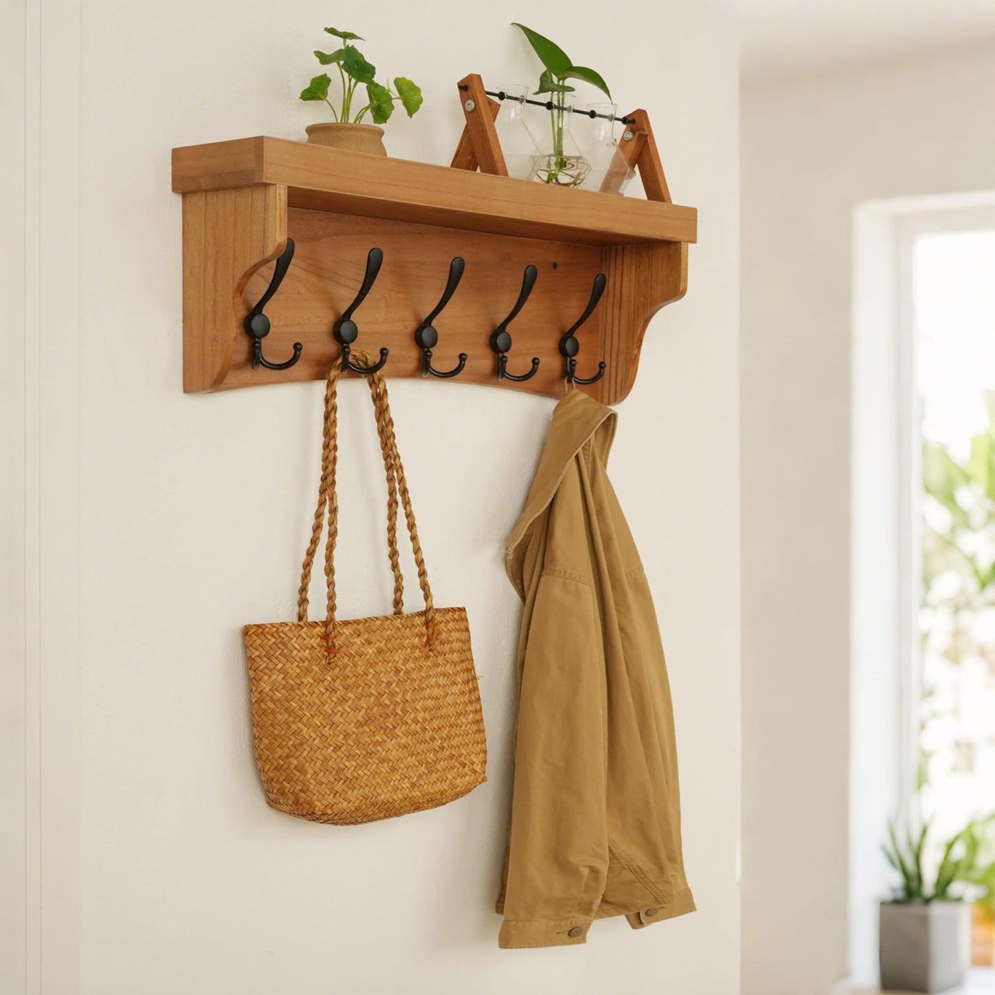 WEBI Wall Shelf with Hooks Underneath,24" Long Coat Rack Wall Mount with Shelf,Key Rack for Wall,5 Triple Hooks for Hanging Coats,Clothes,Jacket,Bathroom,Entryway,Light Brown