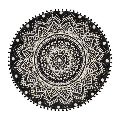 Uphome Boho Round Rug for Living Room 4' Circular Black Mandala Area Rug with Pom Poms Fringe Washable Cute Bohemian Accent Throw Rugs Non-Slip Soft Floor Mat for Bedroom Sofa Kids Room Nursery