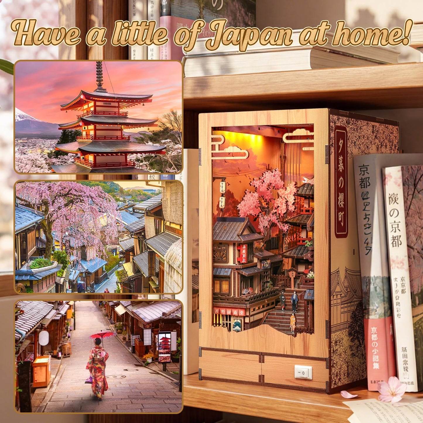 Cutefun Book Nook Kit - DIY Miniature Kyoto House Kit, 3D Wooden Puzzle 400+ Pcs Japanese Bookshelf Decor Bookend with LED, Fold-Out Cherry Blossom Alley Insert for Adults (Twilight Sakura Path)