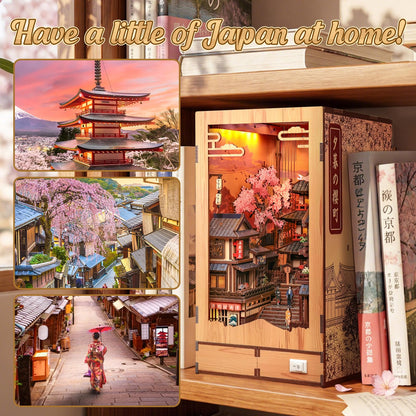 Cutefun Book Nook Kit - DIY Miniature Kyoto House Kit, 3D Wooden Puzzle 400+ Pcs Japanese Bookshelf Decor Bookend with LED, Fold-Out Cherry Blossom Alley Insert for Adults (Twilight Sakura Path)