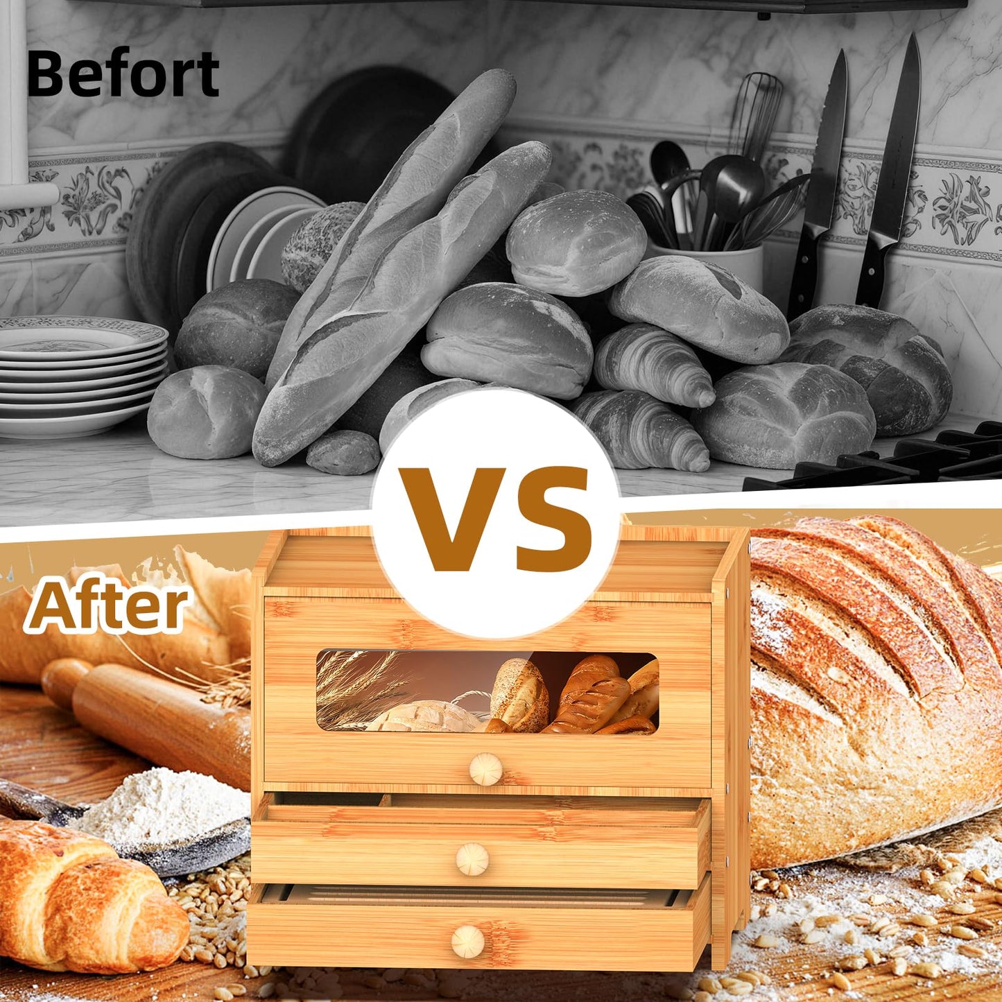 Aromfentu Bamboo Bread Box for Kitchen Countertop & Dining Room,Wooden Storage with Display Compartment & Built-in Bread Slicer,Eco-Friendly Organizer for Homemakers, Bakers & Bread Lovers ﻿