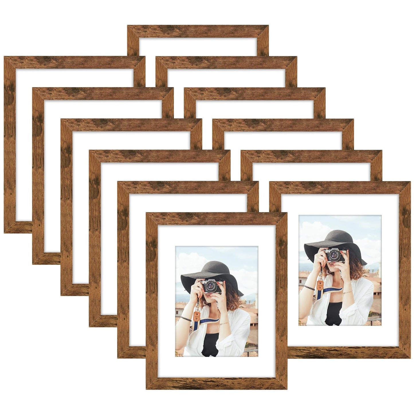 Picrit 8.5x11 Picture Frame Set of 12, Display 6x8 with Mat or 8.5 x 11 without Mat, Photo Frames for Wall Mounting or Table Top Display, Brown