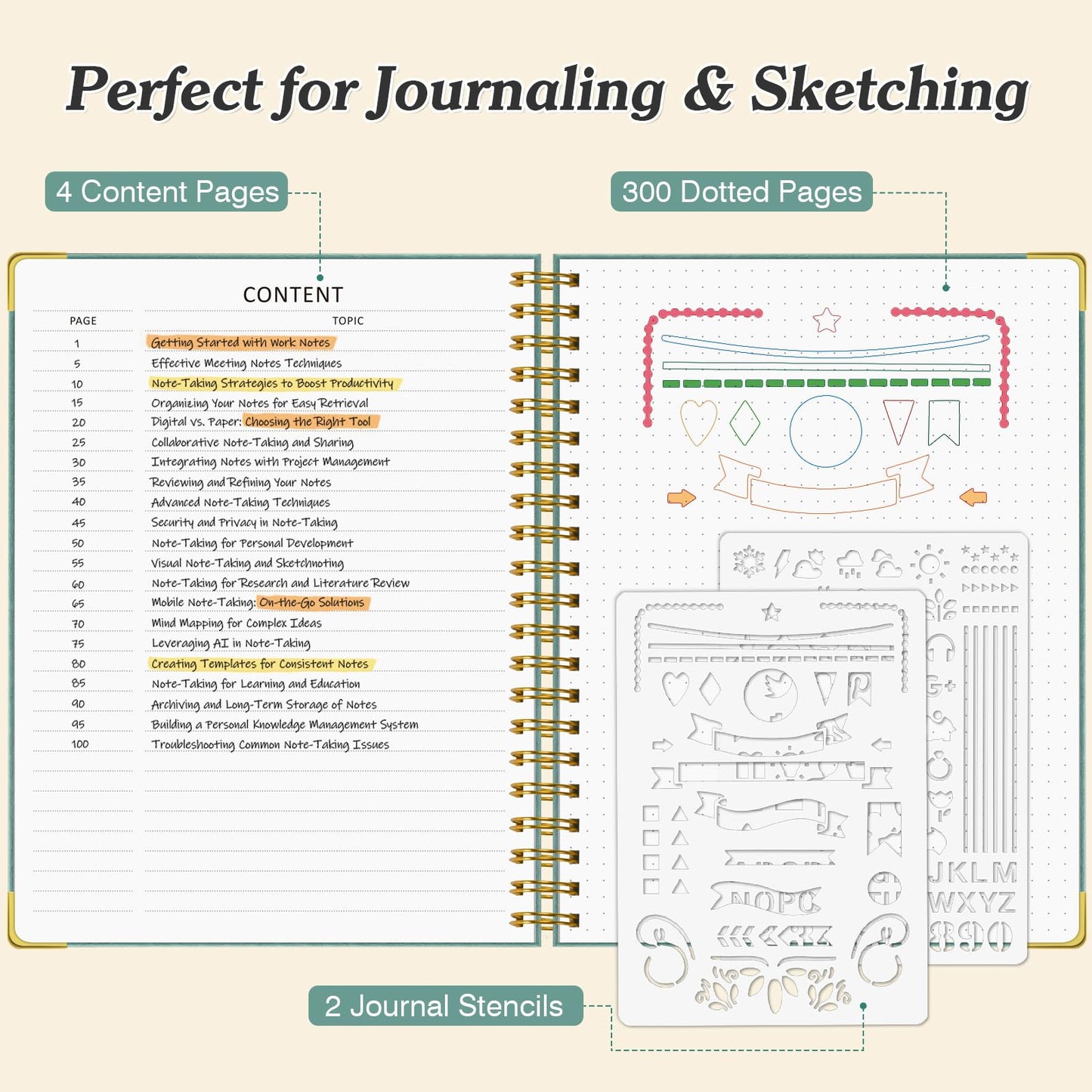 Bullet Dotted Journal Spiral Notebook, 300 Pages Leather Notebooks with Contens, 120 GSM Thick No Bleed Through Paper Journals, A5 Dot Grid Notebook for Women Men School Work Writing, 5.5" x 8", Black
