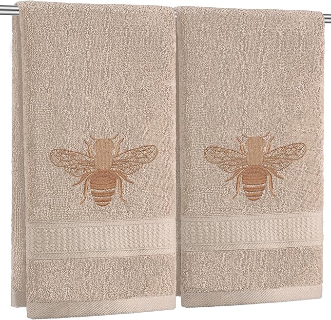 2 Pcs Bee Hand Towels Brown Bathroom Decor 14x29 Inch Embroidered 100% Cotton