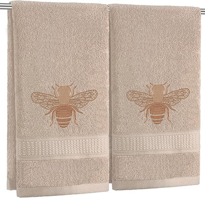 2 Pcs Bee Hand Towels Brown Bathroom Decor 14x29 Inch Embroidered 100% Cotton