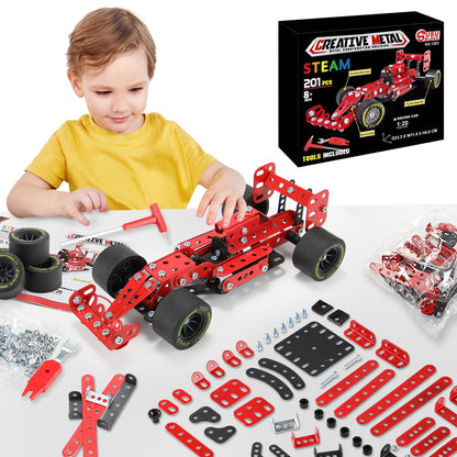 BESTYMXY Building Kit Car Model, 1:20 Scale Race Car Metal Model STEM Project Building, Assembly Toy Set STEM Projects Toys for Boys 8-12, Red Vehicle DIY Assembly Metal Model