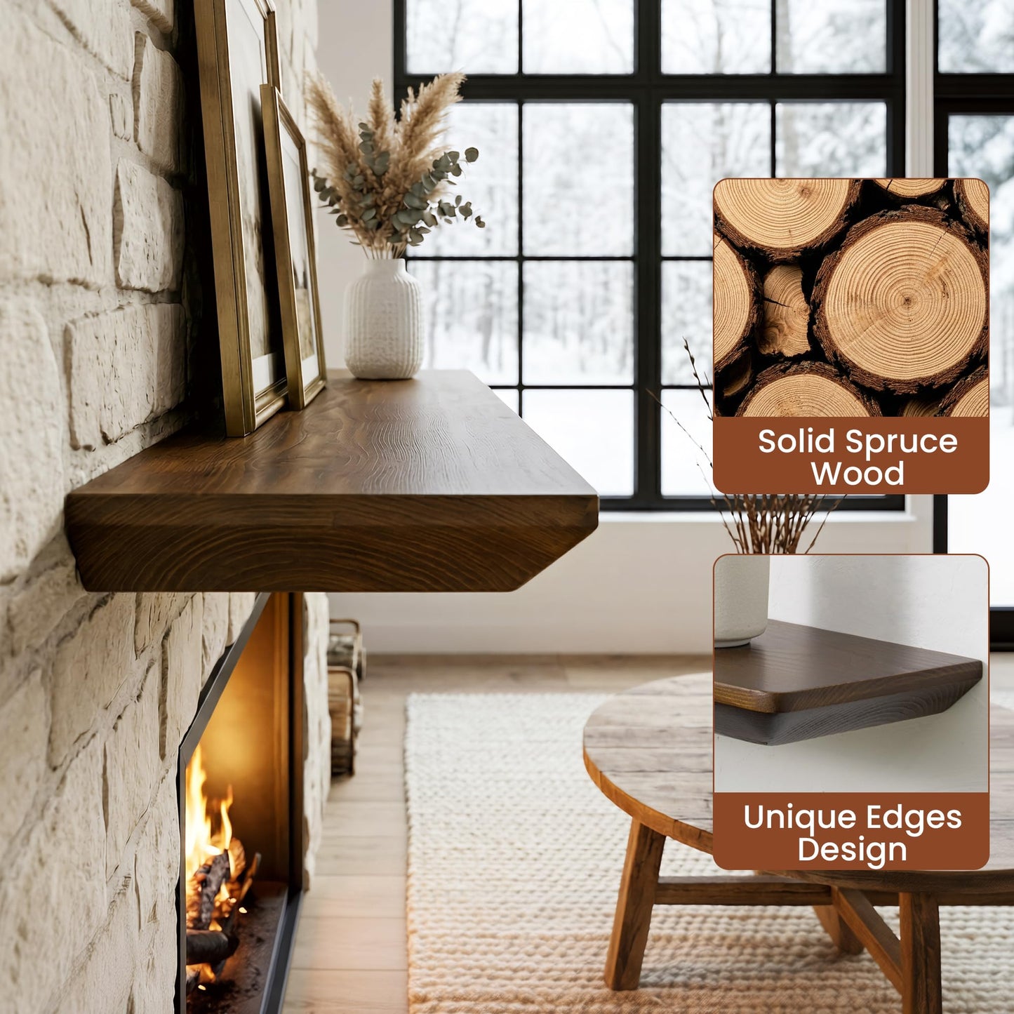 40 inch Floating Shelf for Wall, High End Solid Real Wood Shelf, Spruce Wooden 24in Floating Shelves with Heavy Duty Bracket for Living Room Bedroom Office, 24 X 6.7 X 1.4 in, Set of 2,Walnut Finished