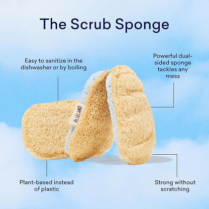 BLUELAND Scrub Sponge, 3-Pack, Dual-Sided Dish Loofah, Plastic-Free, Plant-Based Kitchen Scrubbing Non-Scratch