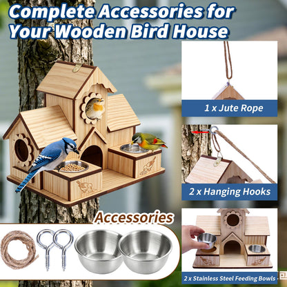 SORNADELUVRIX Bird House for Outdoors, 4-Hole Hanging Birdhouse, Bluebird House with Stainless Steel Feeding Tray, Cedar Wood Nesting Box for Wrens, Chickadees and Swallows