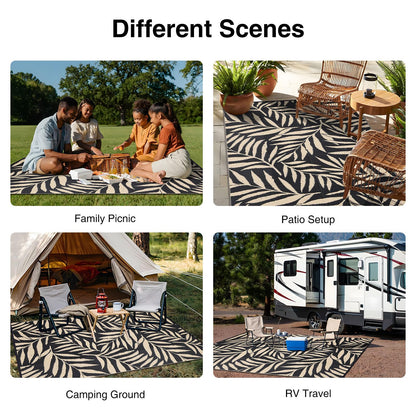 OLANLY Waterproof Outdoor Rug 6x9 ft, Reversible Outdoor Plastic Straw Rug with Leaf Pattern, RV Mat, Indoor Outdoor Carpet for Patio, Camping, Balcony, Deck, Backyard, Black & Beige