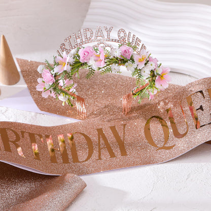 PartyforU Pink Birthday Queen Crown - Happy Birthday Tiara with Flowers and Sash Set for Party Photo Shoot Gift for Friend Mom