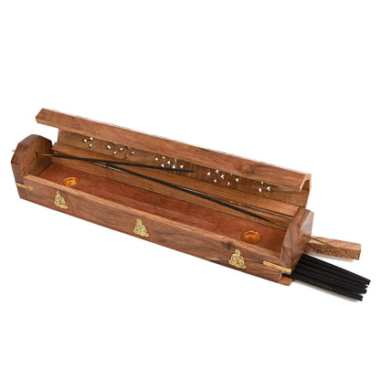 Incense Garden Pack of 2 Incense Stick Holder - Coffin Style - Wood Incense Stick Burner with Buddha Inlays (Natural) Handmade with Brass Inlays