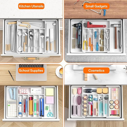 RoomHacks Large Silverware Organizer,Expandable Utensil Drawer Organizer,BPA Free Utensil Holder,Adjustable Silverware Tray Cutlery Drawer Organizer for Kitchen Flatware,Large,White (6-8 Slots)