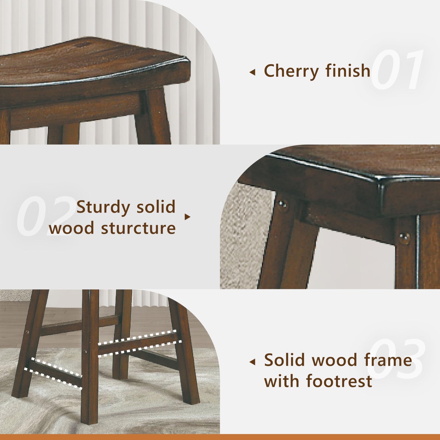 Lexicon Saddleback Solid Wood Kitchen Height Stool Set of 2 - Saddle Kitchen Stool Dining Height Stools for Dining, Armless Chair Seating Options, Perfect Casual Entertaining Spaces Cherry