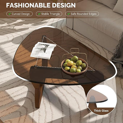 Modern Glass Coffee Table, Triangle Center Table with Tempered Glass Top& Unique Wooden Base, 35.5” Mid Century Tea Tables for Living Room, Apartment, Office,Walnut & Brown