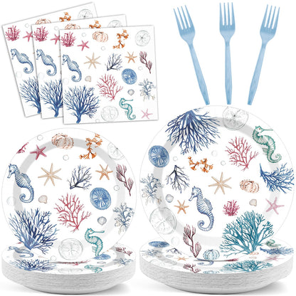 96Pcs Seashell Party Supplies Ocean Beach Birthday Plates and Napkins Blue Coastal Seashell Tableware Beach Disposable Dinnerware for Wedding Baby Shower Birthday Party Decorations for 24 Guests