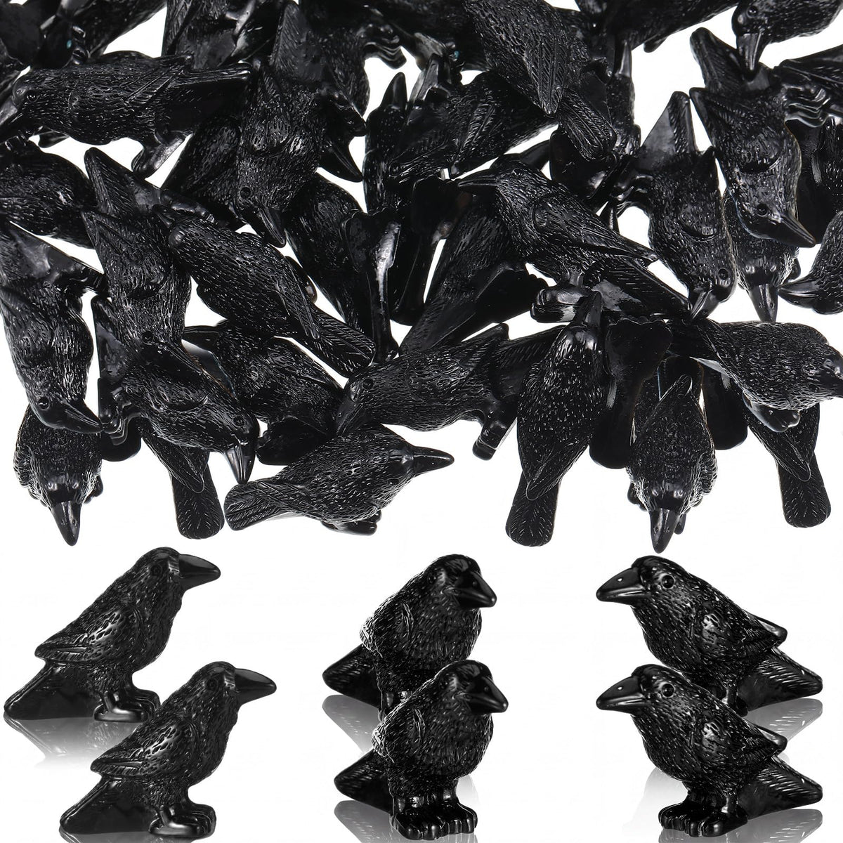 RoundFunny 50 Pcs Miniature Resin Crows Mini Halloween Figurines, Small Black Raven Halloween Bird Figures to Hide Tiny Raven Decor Black Crows Gothic Miniature for Micro Landscape Craft Party Favors
