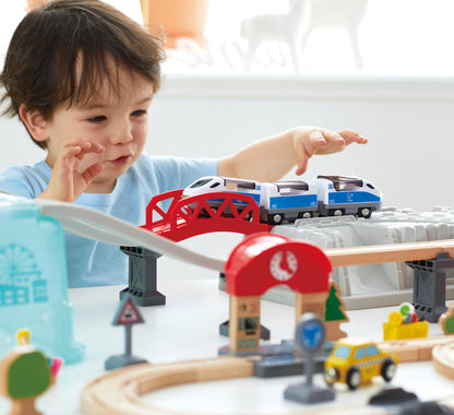 Hape City Railway and Train Bucket Set Toy with Hoisting Magnetic Crane for Trains, Trucks, and Cargo for Kids Ages 3 and Up, Multicolor