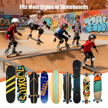 Skateboard Wall Mount Rack with Wood Shelf — 2-Board Display Hanger for Longboard & Skateboard Deck, 2 Round Wooden Helmet Holders & 5 Hooks, Steel & Wood, Home Bedroom Garage Organizer (Black)