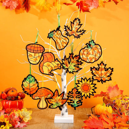 AmazingSpark 36 Set Thanksgiving Harvest Fall Suncatcher Paper Crafts Kit DIY Autumn Leaf Pumpkin Stained Glass Effect Tissue Paper Hanging Suncatchers Decor for Autumn Festival Art Party Supplies