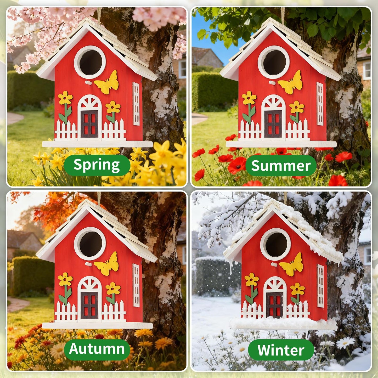 Wooden Bird Houses Bird House for Outside,Red Wood Bird House for Outdoors, Nesting Box with Sturdy Rope, Haing Bird Houses for Garden Blue Bird Hummingbird Wren Cardinal Swallow Sparrow Finch
