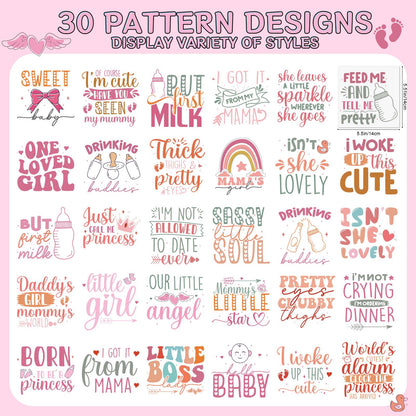 Falueqg Baby Shower Iron on Transfers - 30Pcs Pink DTF Transfers Ready to Press, Cute Iron on Decals Patches for Baby Girls Bodysuit, Heat Appliques Vinyl Stickers for Baby Onesie Bibs Decorating Kit