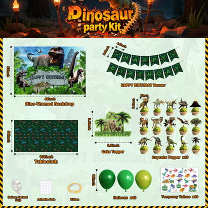 Dinosaur Birthday Party Decorations for Boys - Complete Kids Dino Party Supplies with Backdrop, Tablecloth, Birthday Banner, Cake Toppers, Balloons Kit & Tattoo Stickers
