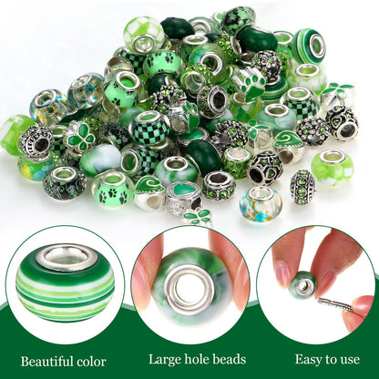 Hicarer 80 Pcs Assorted European Large Hole Beads, Spacer Glass Beads Rhinestone Metal Macrame Charms Supplies for DIY Crafts Bracelets Necklaces Jewelry Making(Green)