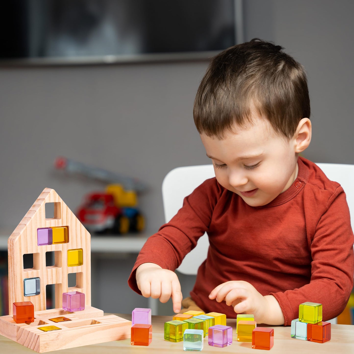 Woodtoe Wooden Building Blocks Set for Kids, 24 PCS Rainbow Gem Cubes Stacking Blocks - 2 Wood House, Montessori Stacking Toy for Toddlers, Educational STEM Sensory Birthday Toy for Boys Girls 3-6