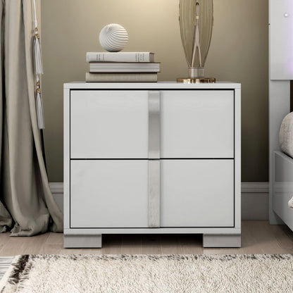Furniture of America Alistair Modern Wood Nightstand with 2 Drawers and Vertical Chrome Handles, Large Bedside Table, Wooden Night Stand for Bedroom, Guest Room, Dorm, No Assembly Needed, White