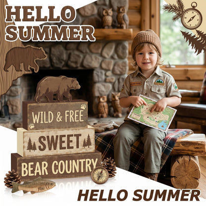 4 Pcs Brown Bear Tiered Tray Decor Woodland Bear Country Wooden Signs Cabin Shelf Sitters Rustic Farmhouse Table Centerpiece Mountain Forest Theme Table Decorations For Home Living Room Lodge