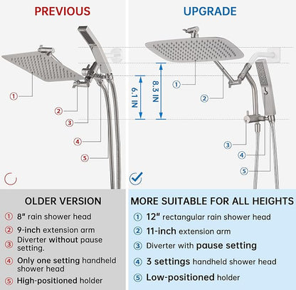 G-Promise All Metal 12 Inch Rain Shower Head with Massage Mode Handheld Spray Combo, 3-Way Diverter with Pause Setting, Full Body Coverage, Modern Bathroom Upgrade (Brushed Nickel)