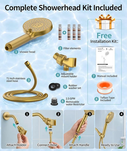 SR SUN RISE Filtered Shower Head with Handheld High Pressure 9 Spray Mode Showerhead Detachable Shower Head Water Softener Filters Beads for Hard Water Remove Chlorine 4 Filters Brushed Gold