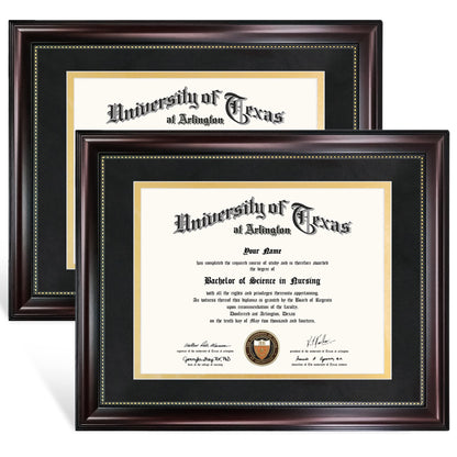 GraduationMall 8.5x11 Diploma Frame with Black over Gold Mat or Display 11x14 Document without Mat, UV Protection Acrylic, Mahogany with Gold Beads, Set of 2