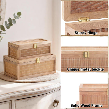 HuiDao Natural Bamboo Decorative Box with Lids, Unique Decorative Boxes Set of 2, Boho Wedding Keepsake Box, Memory Box with Lid for Crafts, trinkets and Photo Storage