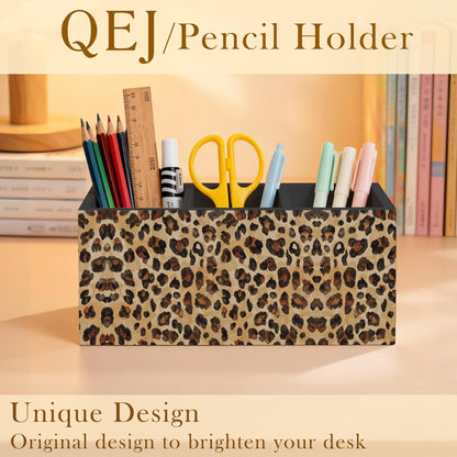 QEJ Leopard Print Pen Holder for Desk, Cheetah Print Room Decor, Cheetah Animal Wooden Box Pencil Pen Organizer for Home Office Desk Tabletop