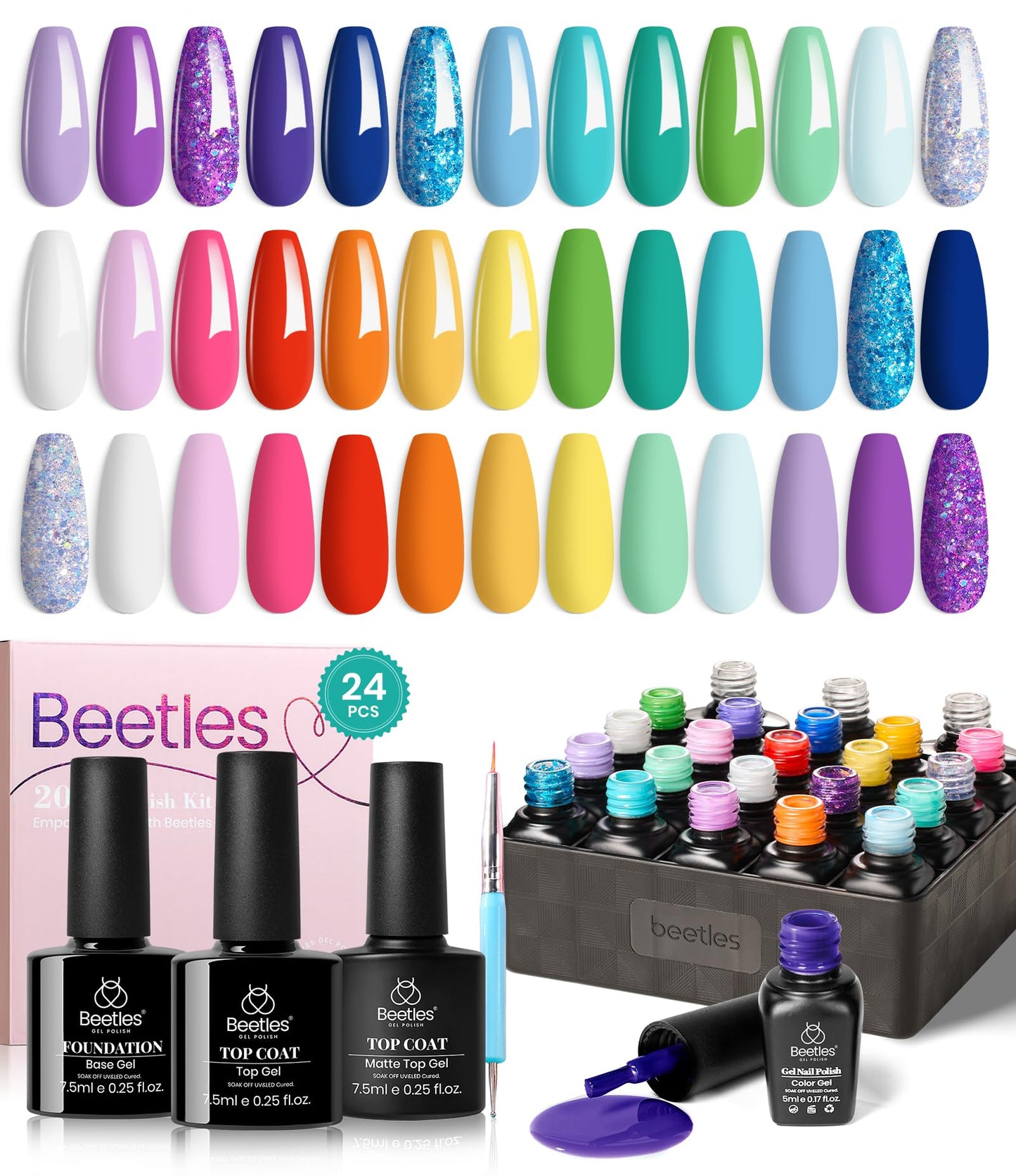 beetles Gel Polish 44pcs Fall Gel Nail Polish Set 36 Colors Brown Burgundy Red Blue Purple Orange Green Black Nude White with Base Top Coat UV LED Needed Salon DIY at Home Gift for Women Colorful Muse