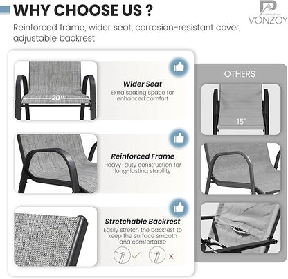 Patio Dining Chairs Set of 8, Outdoor High Stacking Chairs，Breathable Seat Fabric and Alloy Steel Frame for Backyard, Porch, Garden, Sunroom (Light Grey)