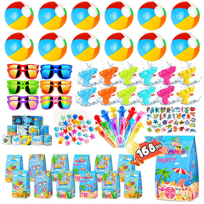 Pool Party Favors and Beach Party Favors 168pcs Summer Party Toys for Kids,Including Beach Balls, Sunglasses, Bubble Wands Party Supplies for Summer Birthday Ages 4-8 8-12