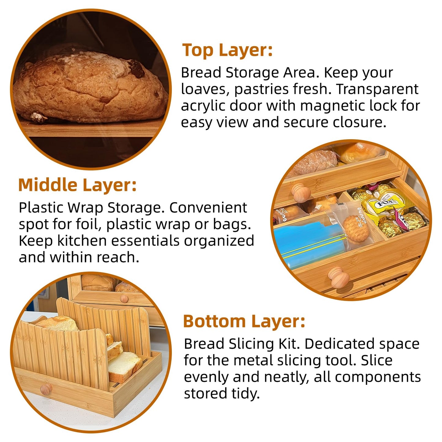 Aromfentu Bamboo Bread Box for Kitchen Countertop & Dining Room,Wooden Storage with Display Compartment & Built-in Bread Slicer,Eco-Friendly Organizer for Homemakers, Bakers & Bread Lovers ﻿