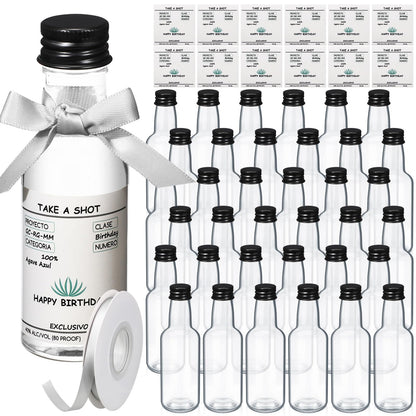 Jingmore 30 Pack 1.7oz Mini Liquor Bottles 50ml Plastic Alcohol Bottle with Cap, Labels, Ribbon for Party Supplies(Birthday,Turquoise)