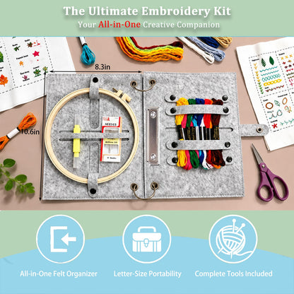 NBNQ Embroidery Stitch Book Kit for Beginners with Portable 10.65"x8.27" Loose-Leaf Cover, Includes 6 Fabric Pages, Complete Toolkit, Instructions and Videos.