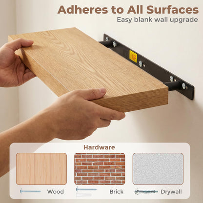 Venusmiles Floating Shelves for Wall, 24 Inch Floating Shelves Set of 2, 6.5" D Wooden Wall Mounted Display Shelves with Invisible Brackets for Living Room, Bedroom, Bathroom, Kitchen Decor, Oak