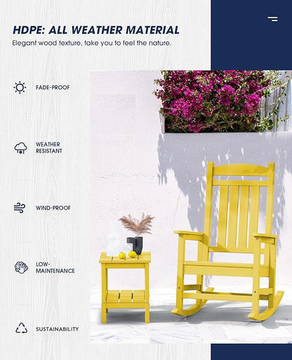 KINGYES HDPE Rocking Chairs Outdoor, Patio Rocking Chairs with 330lbs Support, Smooth Porch Rocker for Deck Lawn Yard, Yellow