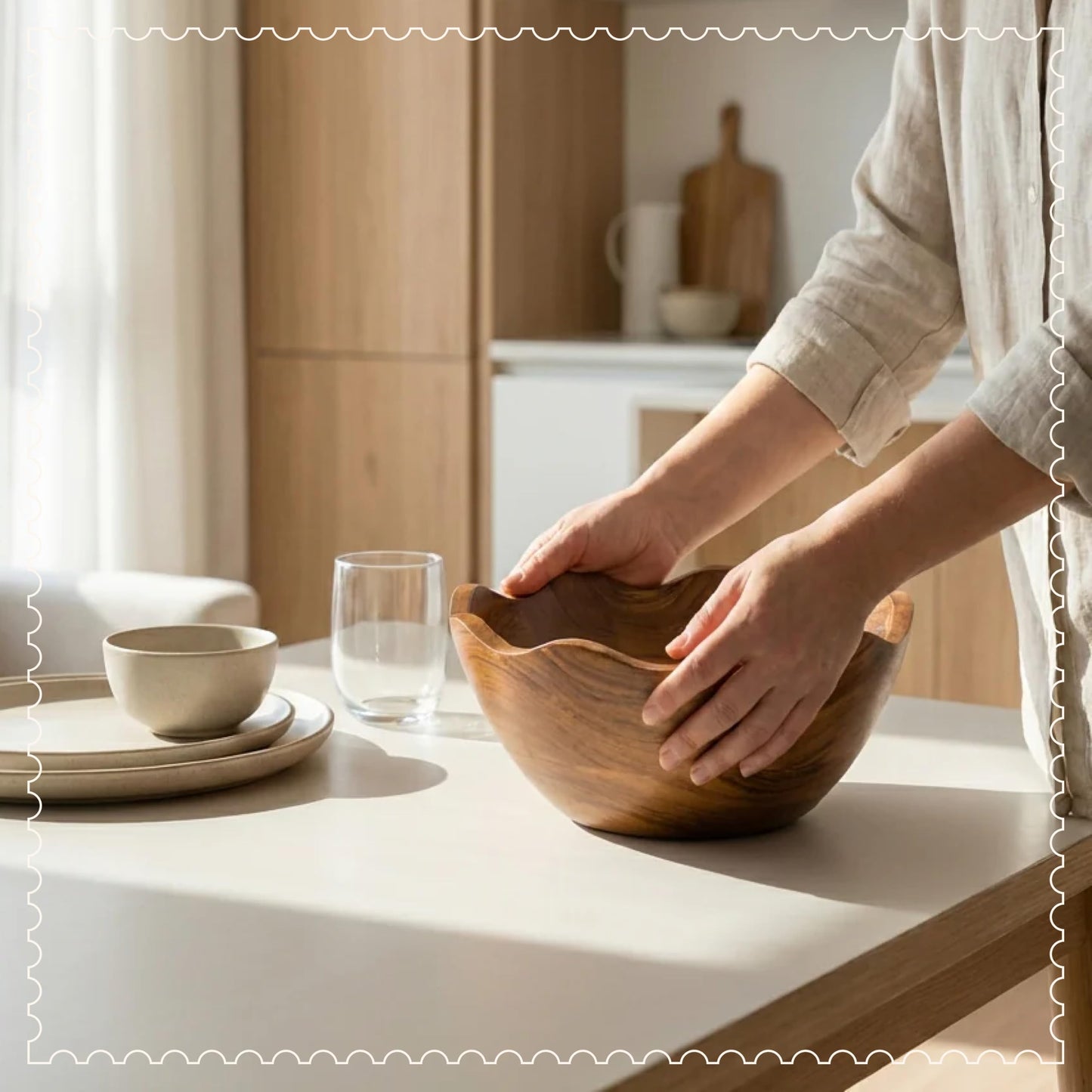 Mela Artisans 10 in Wide x 4 in Tall Scalloped Mango Wood Bowl – Hand-Carved Decorative Serving and Fruit Bowl with Visible Wood Grain for Kitchen Counter, Snacks, Bread and Home Decor