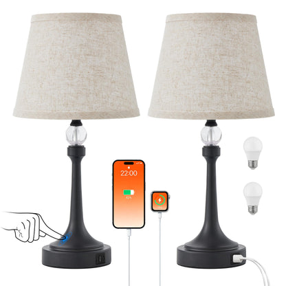 Leasgy 19.7'' Touch Table Lamps for Living Room, Small Lamp for Bedroom with USB C+A Ports, Dimmable Touch Lamps Set of 2, Reading Desk Lamp for Office, Metal Bedside Lamps, Bulbs Included, Black