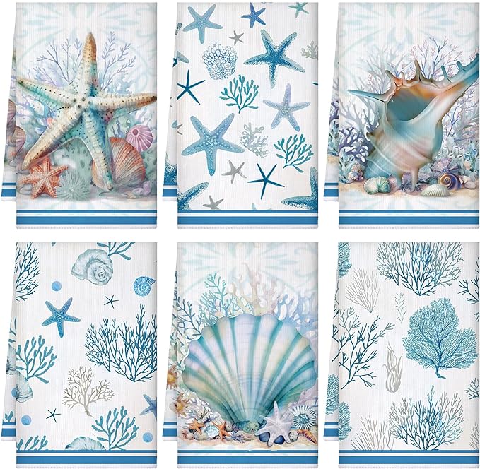 Boyiee Set of 6 Beach Kitchen Towels Coastal Ocean Dish Towels Sea Nautical Tea