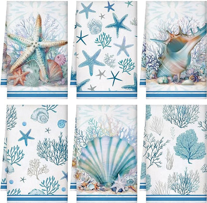 Boyiee Set of 6 Beach Kitchen Towels Coastal Ocean Dish Towels Sea Nautical Tea