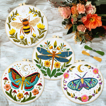 INFUNLY 4 Sets DIY Insect Pattern Embroidery Kits for Starter 11.8"×11.8" Flowers Plants Embroidery Hoop kit Handmade Bees Embroidery Kits Moth Needlepoint Kit with Instruction for Adults Beginners